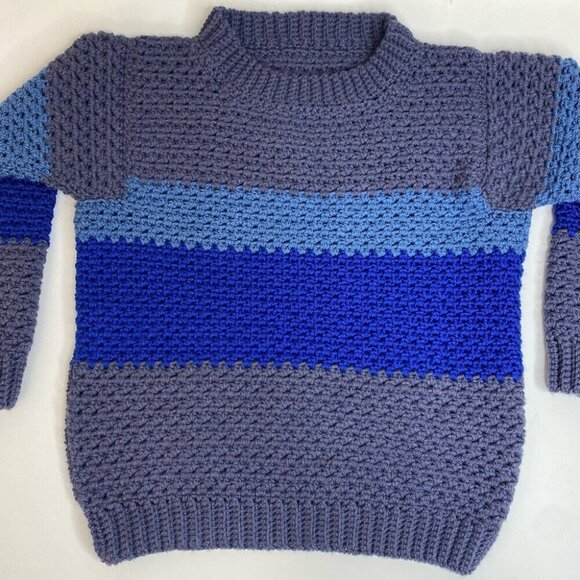 Handmade‎ New Unisex Blue Gray Striped Crewneck 3/4 Sleeve Knit Sweater L/C41 - Picture 7 of 9